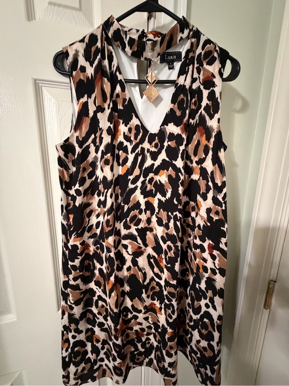 Sleeveless V-Neck Leopard Print Dress in Brown/Black